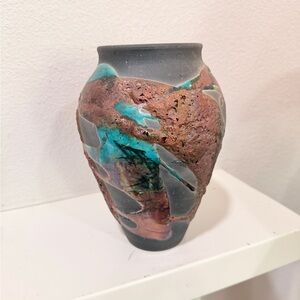 Handmade Studio Pottery Vase Signed & Dated 2005 Turquoise Brown Ceramic Art